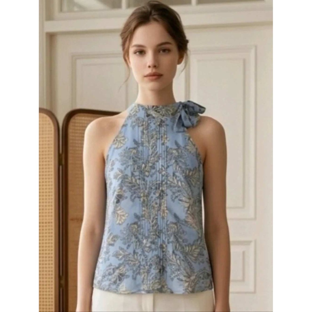 Joie Light Blue Paisley Halter Top with Bow and Pintuck Details Size L NWT